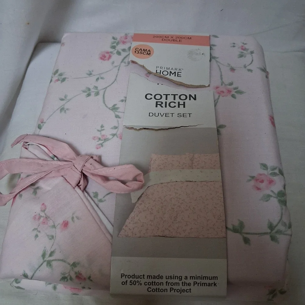Primark Home Pink Floral Rose Double Duvet Set Cotton Rich 200x200cm New